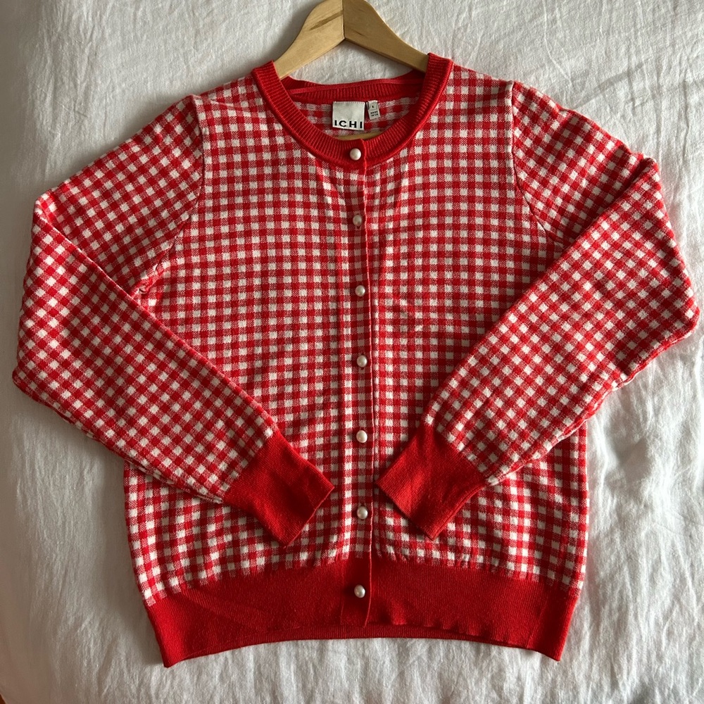 ICHI Red and White Gingham Women's Cardigan, size small